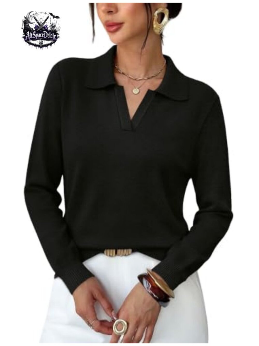 Long Sleeve V-Neck Polo Sweater Pullover Business Casual Fall Top
